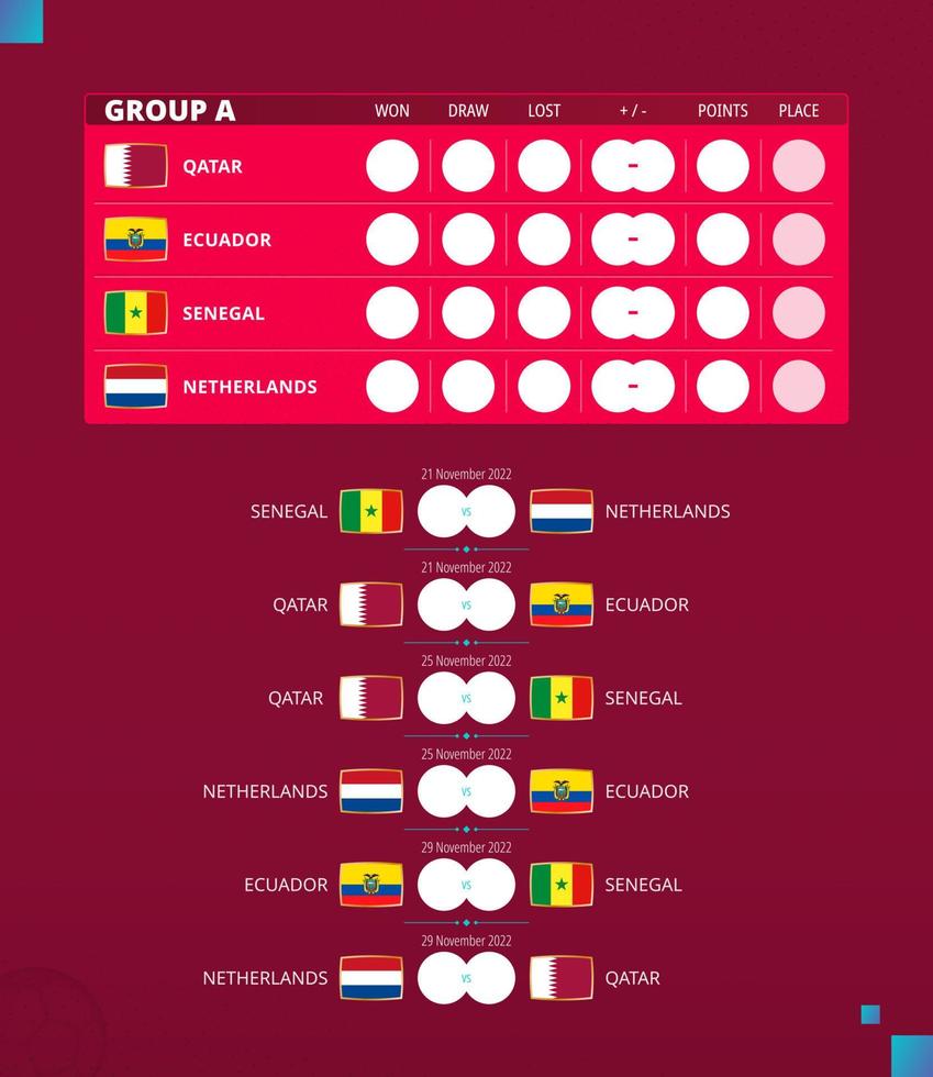 copa de futebol 2022, agrupe um calendário de jogos. bandeiras do catar,  equador, senegal, países baixos. 10694773 Vetor no Vecteezy